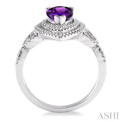 9x6 MM Pear Shape Amethyst and 1/3 Ctw Round Cut Diamond Semi-Precious Ring in 14K White Gold