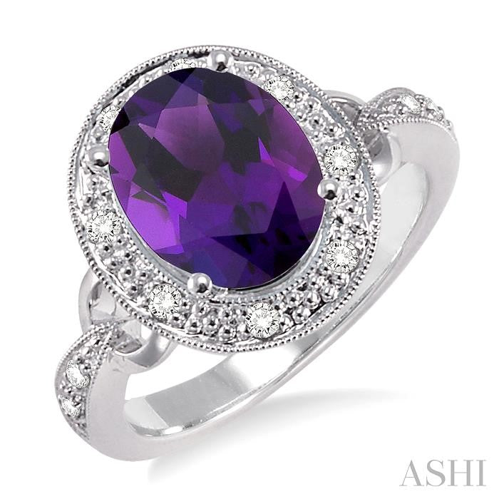 10x8 MM Oval Cut Amethyst and 1/6 Ctw Round Cut Diamond Semi-Precious Ring in 14K White Gold