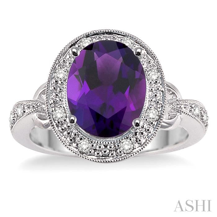 10x8 MM Oval Cut Amethyst and 1/6 Ctw Round Cut Diamond Semi-Precious Ring in 14K White Gold