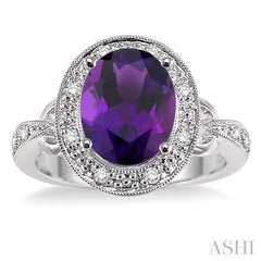 10x8 MM Oval Cut Amethyst and 1/6 Ctw Round Cut Diamond Semi-Precious Ring in 14K White Gold