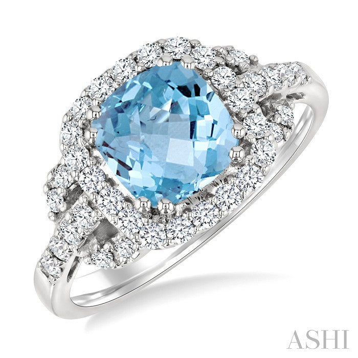7x7mm Cushion Shape Aquamarine and 1/2 Ctw Round Cut Diamond Ring in 14K White Gold