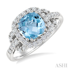 7x7mm Cushion Shape Aquamarine and 1/2 Ctw Round Cut Diamond Ring in 14K White Gold