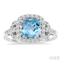 7x7mm Cushion Shape Aquamarine and 1/2 Ctw Round Cut Diamond Ring in 14K White Gold