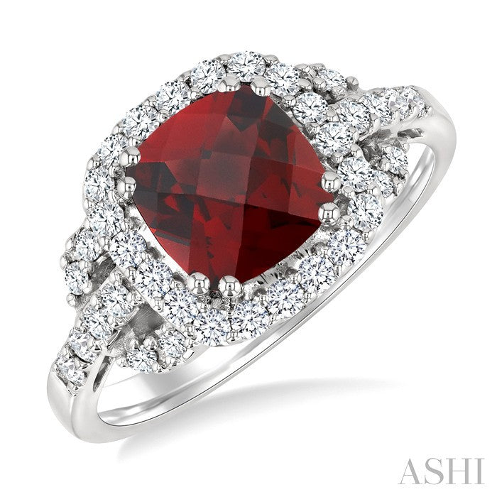 7x7mm Cushion Shape Garnet and 1/2 Ctw Round Cut Diamond Ring in 14K White Gold