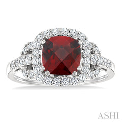 7x7mm Cushion Shape Garnet and 1/2 Ctw Round Cut Diamond Ring in 14K White Gold