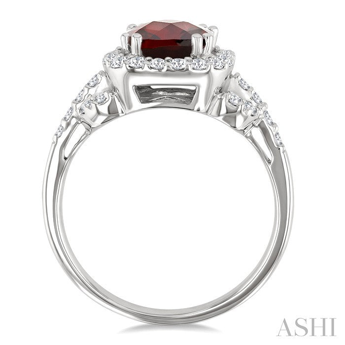 7x7mm Cushion Shape Garnet and 1/2 Ctw Round Cut Diamond Ring in 14K White Gold