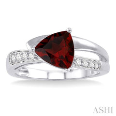 8x8 MM Trillion Cut Garnet and 1/20 Ctw Round Cut Diamond Ring in 10K White Gold
