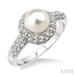 6.5 MM Cultured Pearl and 1/4 Ctw Round Cut Diamond Ring in 14K White Gold