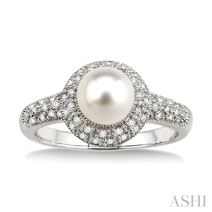 6.5 MM Cultured Pearl and 1/4 Ctw Round Cut Diamond Ring in 14K White Gold