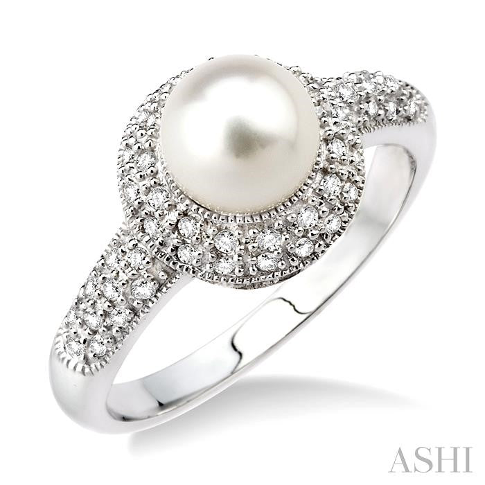 6.5 MM Cultured Pearl and 1/4 Ctw Round Cut Diamond Ring in 10K White Gold
