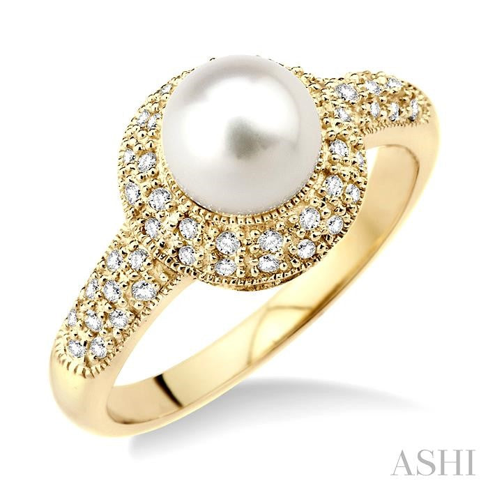 6.5 MM Cultured Pearl and 1/4 Ctw Round Cut Diamond Ring in 10K Yellow Gold