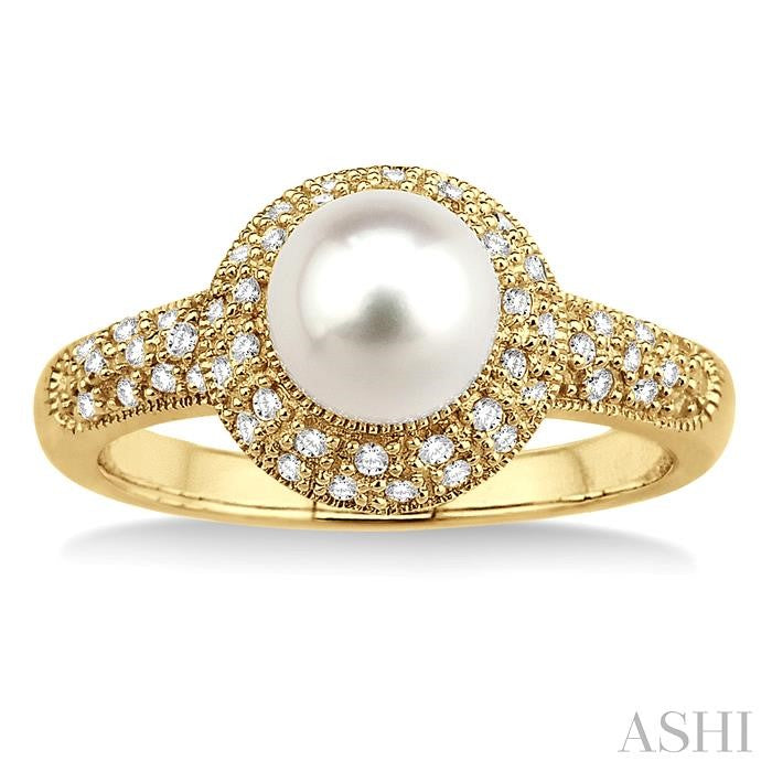 6.5 MM Cultured Pearl and 1/4 Ctw Round Cut Diamond Ring in 10K Yellow Gold