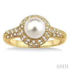 6.5 MM Cultured Pearl and 1/4 Ctw Round Cut Diamond Ring in 10K Yellow Gold