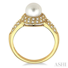 6.5 MM Cultured Pearl and 1/4 Ctw Round Cut Diamond Ring in 10K Yellow Gold
