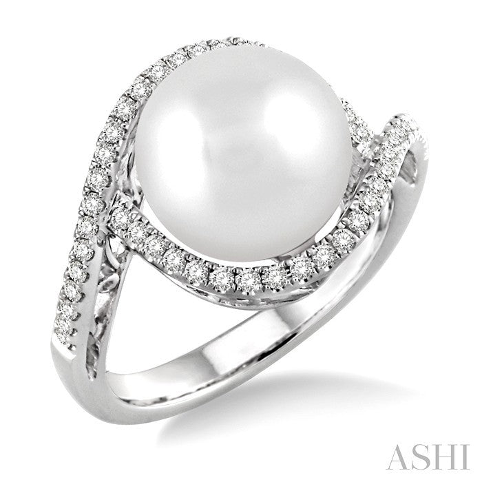11 MM Cultured Pearl and 1/3 Ctw Round Cut Diamond Ring in 14K White Gold