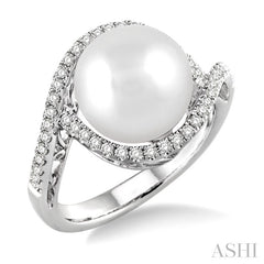 11 MM Cultured Pearl and 1/3 Ctw Round Cut Diamond Ring in 14K White Gold