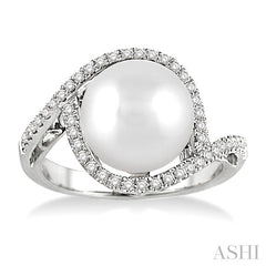 11 MM Cultured Pearl and 1/3 Ctw Round Cut Diamond Ring in 14K White Gold