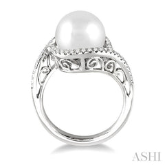 11 MM Cultured Pearl and 1/3 Ctw Round Cut Diamond Ring in 14K White Gold