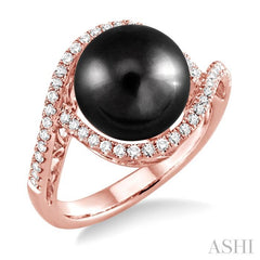 11 MM Black Cultured Pearl and 1/3 Ctw Round Cut Diamond Ring in 14K Rose Gold