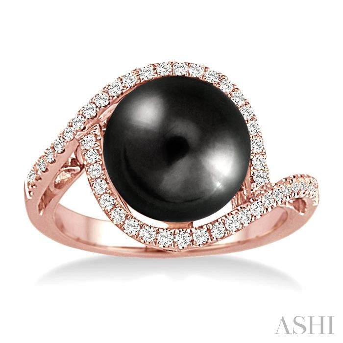 11 MM Black Cultured Pearl and 1/3 Ctw Round Cut Diamond Ring in 14K Rose Gold
