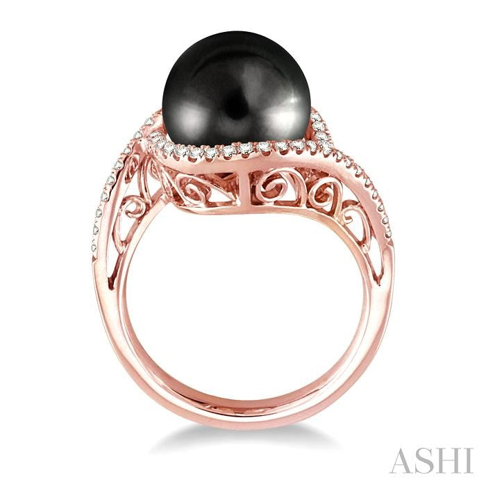 11 MM Black Cultured Pearl and 1/3 Ctw Round Cut Diamond Ring in 14K Rose Gold