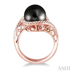 11 MM Black Cultured Pearl and 1/3 Ctw Round Cut Diamond Ring in 14K Rose Gold