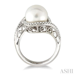 11 MM Cultured Pearl and 1/3 Ctw Round Cut Diamond Ring in 14K White Gold