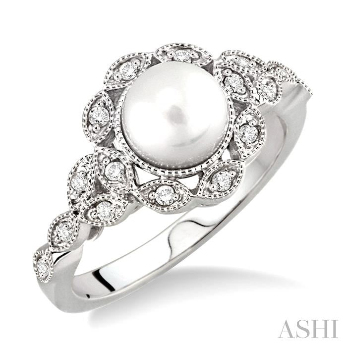 6.5 MM Cultured Pearl and 1/8 Ctw Round Cut Diamond Ring in 14K White Gold