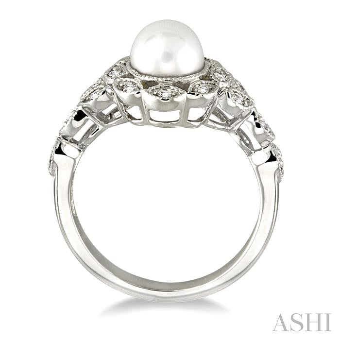 6.5 MM Cultured Pearl and 1/8 Ctw Round Cut Diamond Ring in 14K White Gold
