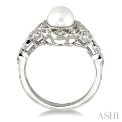 6.5 MM Cultured Pearl and 1/8 Ctw Round Cut Diamond Ring in 10K White Gold