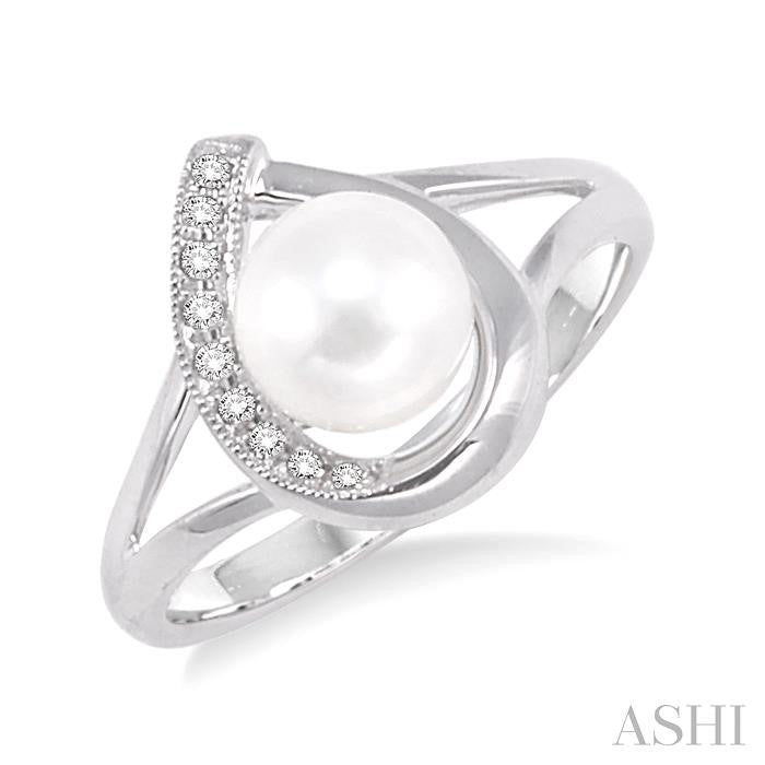 6.5 MM Round Shape Cultured Pearl and 1/20 Ctw Round Cut Diamond Ring in 10K White Gold
