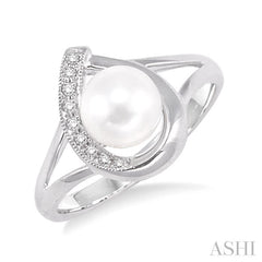6.5 MM Round Shape Cultured Pearl and 1/20 Ctw Round Cut Diamond Ring in 10K White Gold