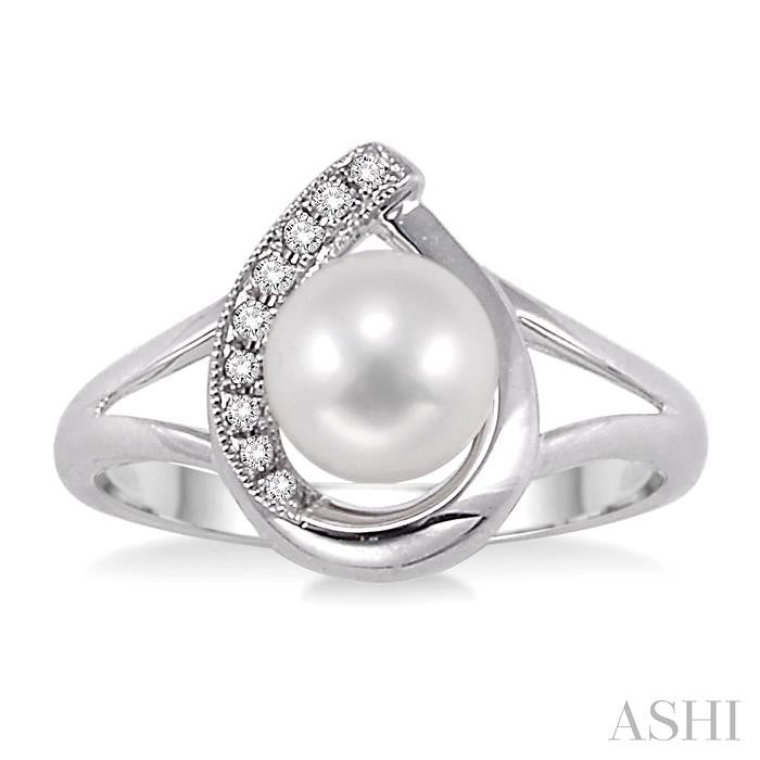 6.5 MM Round Shape Cultured Pearl and 1/20 Ctw Round Cut Diamond Ring in 10K White Gold
