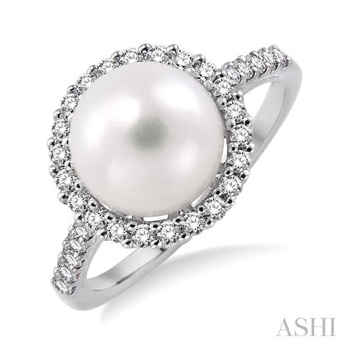 9 MM Cultured Pearl and 3/8 Ctw Round Cut Diamond Ring in 14K White Gold