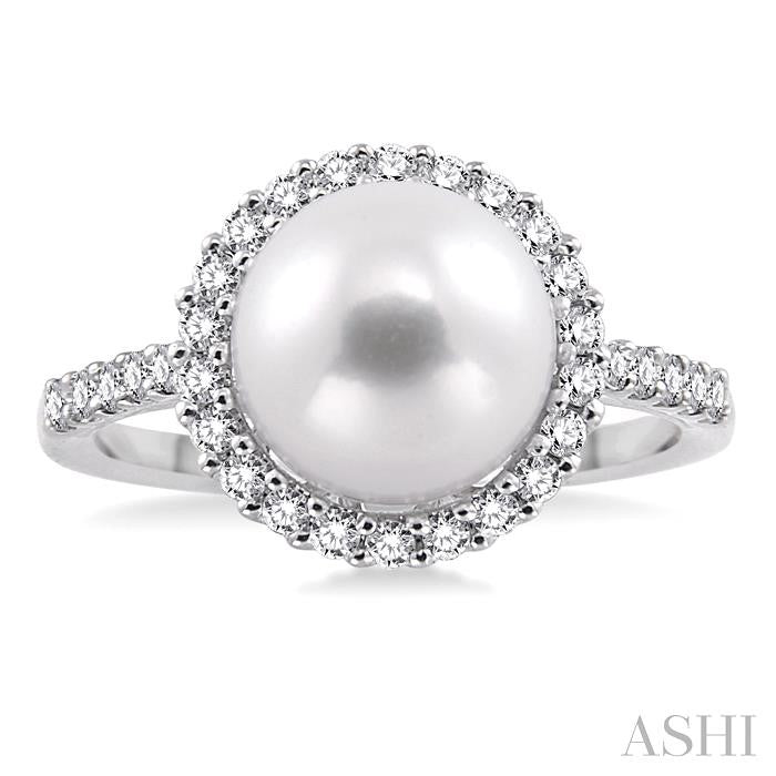9 MM Cultured Pearl and 3/8 Ctw Round Cut Diamond Ring in 14K White Gold