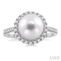 9 MM Cultured Pearl and 3/8 Ctw Round Cut Diamond Ring in 14K White Gold