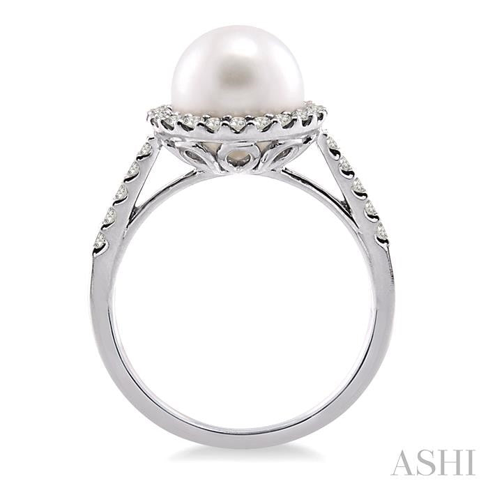 9 MM Cultured Pearl and 3/8 Ctw Round Cut Diamond Ring in 14K White Gold