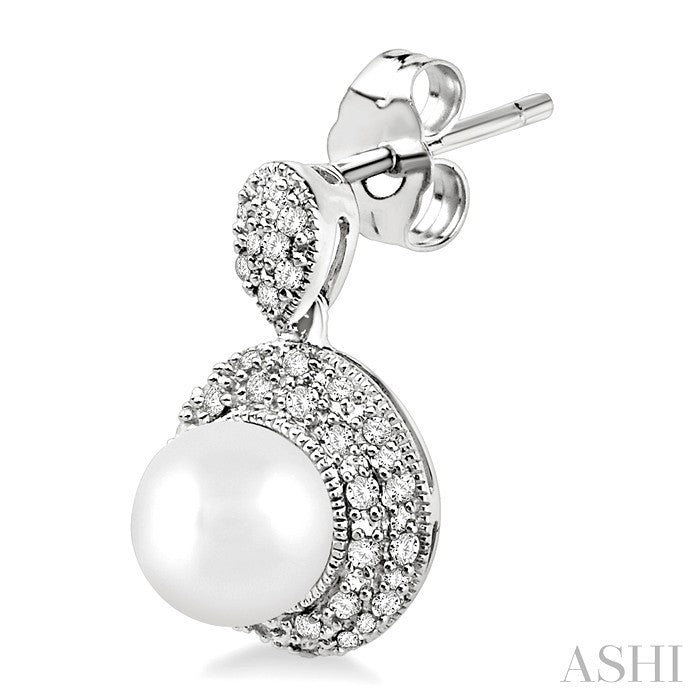 6 MM Cultured Pearl and 1/3 Ctw Round Cut Diamond Earrings in 14K White Gold