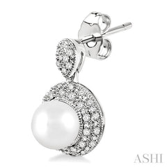 6 MM Cultured Pearl and 1/3 Ctw Round Cut Diamond Earrings in 14K White Gold