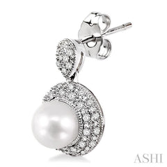6 MM Cultured Pearl and 1/3 Ctw Single Cut Diamond Earrings in 14K White Gold