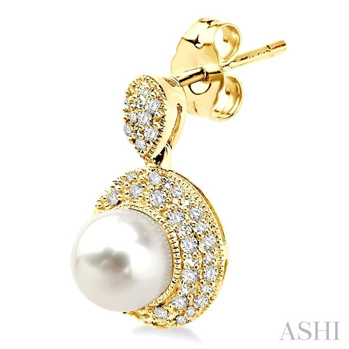 6x6 MM Cultured Pearls and 1/3 Ctw Round Cut Diamond Earrings in 10K Yellow Gold