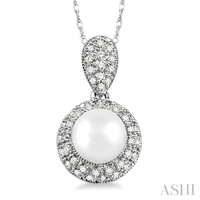 6.5 MM Cultured Pearl and 1/4 Ctw Round Cut Diamond Pendant in 14K White Gold with Chain