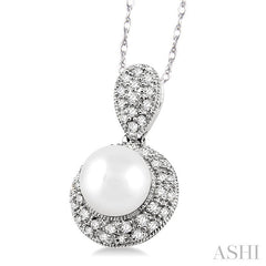6.5 MM Cultured Pearl and 1/4 Ctw Round Cut Diamond Pendant in 10K White Gold with Chain