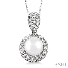 6.5 MM Cultured Pearl and 1/4 Ctw Round Cut Diamond Pendant in 10K White Gold with Chain