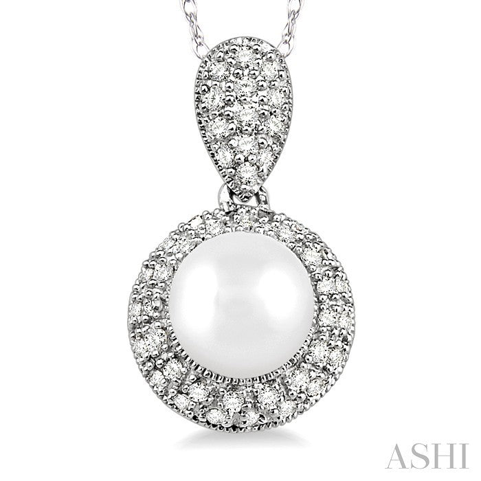 6.5 MM Cultured Pearl and 1/4 Ctw Round Cut Diamond Pendant in 10K White Gold with Chain