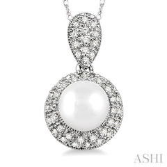 6.5 MM Cultured Pearl and 1/4 Ctw Round Cut Diamond Pendant in 10K White Gold with Chain