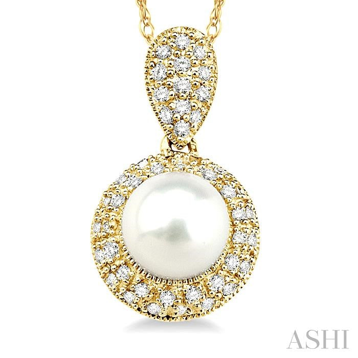 6.5 MM Cultured Pearl and 1/4 Ctw Round Cut Diamond Pendant in 10K Yellow Gold with Chain