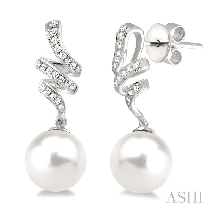 9 MM Cultured Pearls and 1/5 Ctw Round Cut Diamond Earrings in 14K White Gold