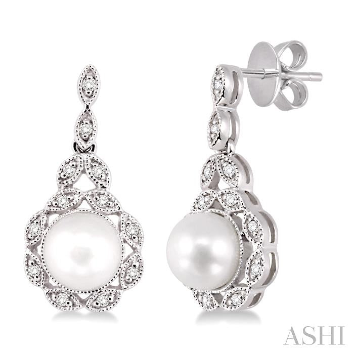 6X6 MM Round Shape Cultured Pearl and 1/8 Ctw Cutwork Marquise Round Cut Diamond Fashion Earring in 14K White Gold