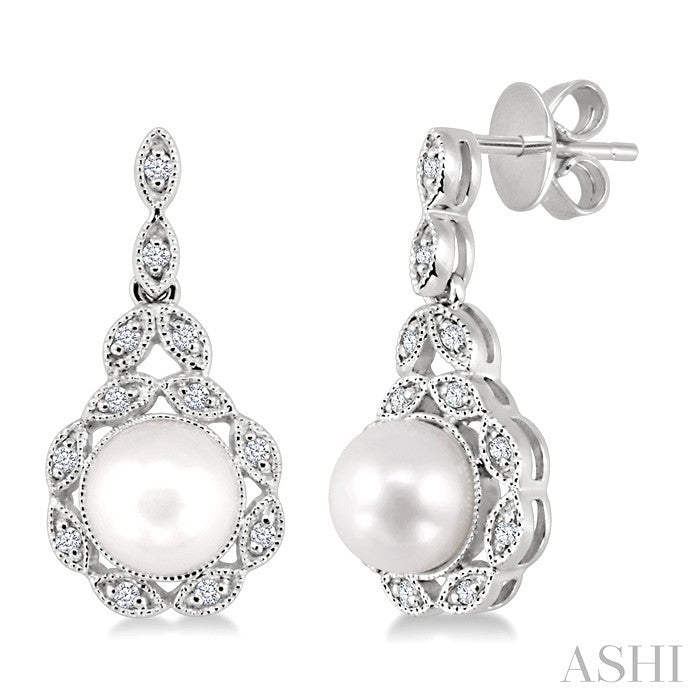 6X6 MM Round Shape Cultured Pearl and 1/8 Ctw Cutwork Marquise Round Cut Diamond Fashion Earring in 14K White Gold